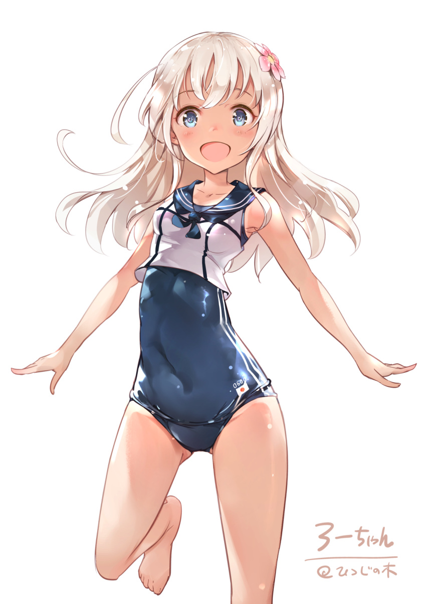 1girl artist_name barefoot black_neckwear blonde_hair blue_eyes blue_sailor_collar blue_swimsuit character_name crop_top flower hair_flower hair_ornament highres japanese_flag kantai_collection long_hair looking_at_viewer moupii_(hitsuji_no_ki) one-piece_swimsuit one-piece_tan open_mouth outstretched_arms ro-500_(kantai_collection) sailor_collar school_swimsuit simple_background smile solo standing standing_on_one_leg swimsuit swimsuit_under_clothes tan tanline white_background