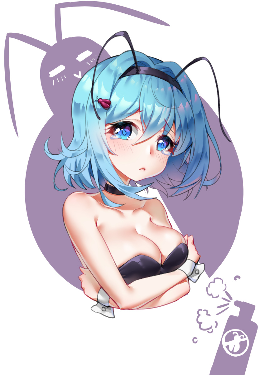 1girl absurdres antennae bangs bare_shoulders black_choker black_hairband black_leotard blue_eyes blue_hair blush boku_koyuki_mx breasts bug bug_spray choker cleavage closed_mouth cockroach collarbone eyebrows_visible_through_hair hair_between_eyes hair_ornament hairband head_tilt highres insect insect_girl leotard looking_at_viewer medium_breasts original red_eyes solo spray_can strapless strapless_leotard white_background wrist_cuffs