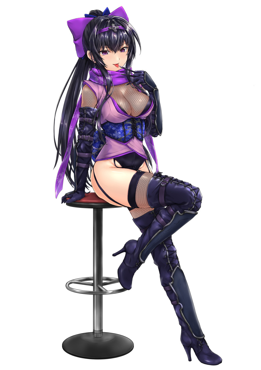 1girl arm_guards arm_support armor black_hair boots bow breasts chair cleavage commentary_request earrings elbow_gloves fishnet_legwear fishnets floral_print full_body garter_straps gloves hair_bow hairband highres holding holding_weapon japanese_clothes jewelry kunoichi_(sengoku_musou) large_breasts leg_up leotard long_hair looking_away ninja original ponytail scarf sengoku_musou shiny shiny_hair shiny_skin sidelocks simple_background sitting sleeveless smile solo thigh-highs thigh_boots thighs tongue tongue_out tori@gununu violet_eyes weapon white_background