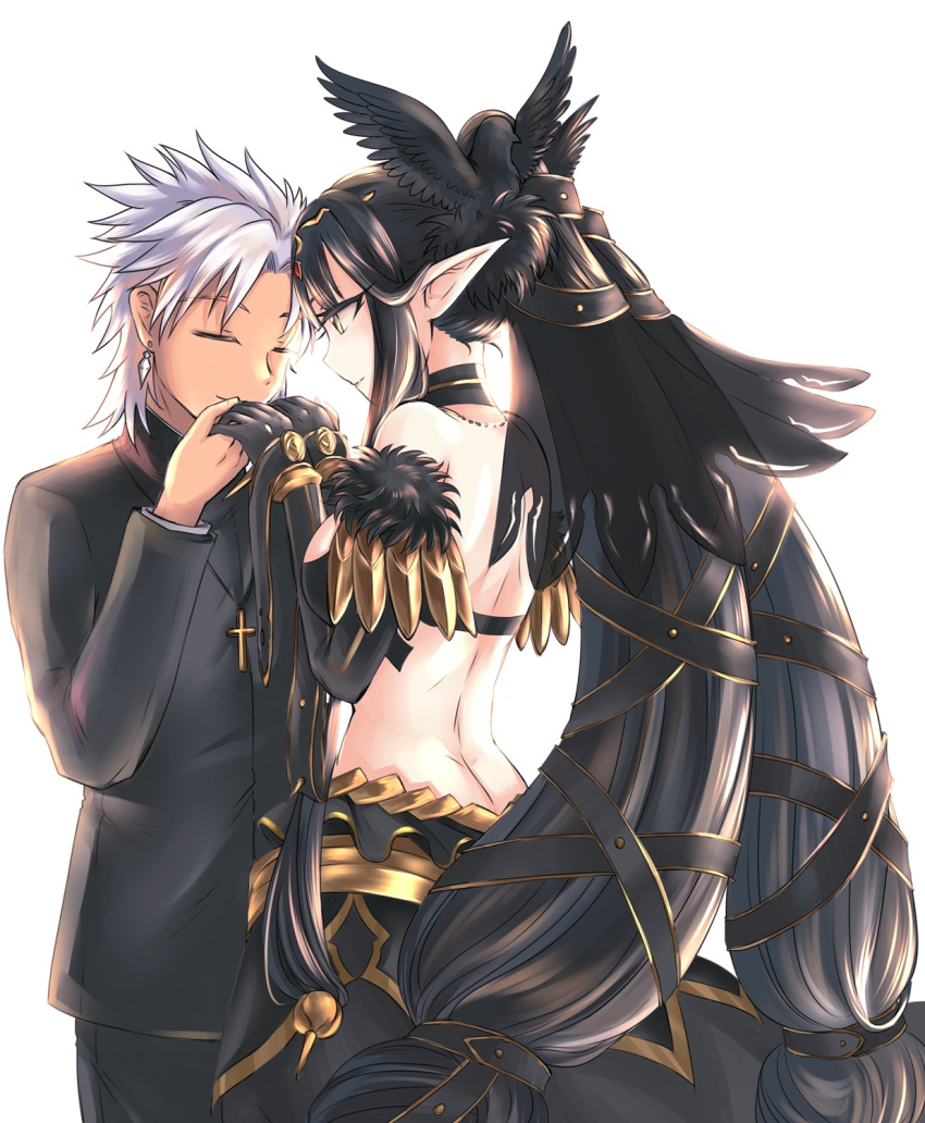 1boy 1girl amakusa_shirou_(fate) back bird_hair_ornament black_gloves black_hair closed_eyes dark_skin earrings elbow_gloves fate/grand_order fate_(series) fur-trimmed_gloves fur_trim gloves hair_ornament hair_ribbon hand_holding hand_kiss highres jewelry kiss long_hair pointy_ears ribbon runliya semiramis_(fate) silver_hair twintails very_long_hair