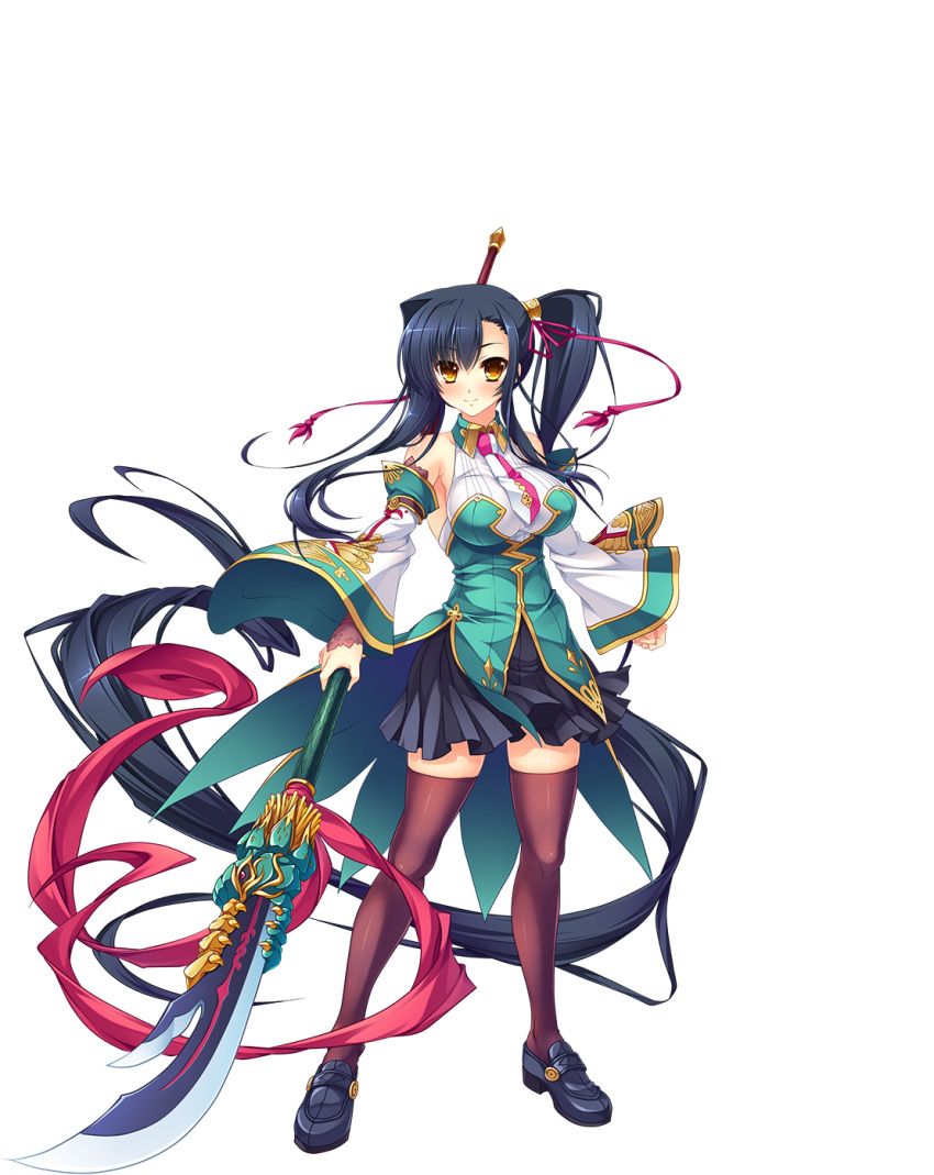 1girl bangs bare_shoulders black_legwear blue_hair blush breasts clenched_hand closed_mouth detached_sleeves fingernails full_body highres holding holding_weapon kan'u katagiri_hinata koihime_musou large_breasts loafers long_hair looking_at_viewer naginata necktie official_art pleated_skirt polearm ponytail sennen_sensou_aigis shiny shiny_clothes shiny_hair shiny_skin shoes side_ponytail skirt sleeveless smile solo standing thigh-highs transparent_background very_long_hair weapon wide_sleeves yellow_eyes zettai_ryouiki