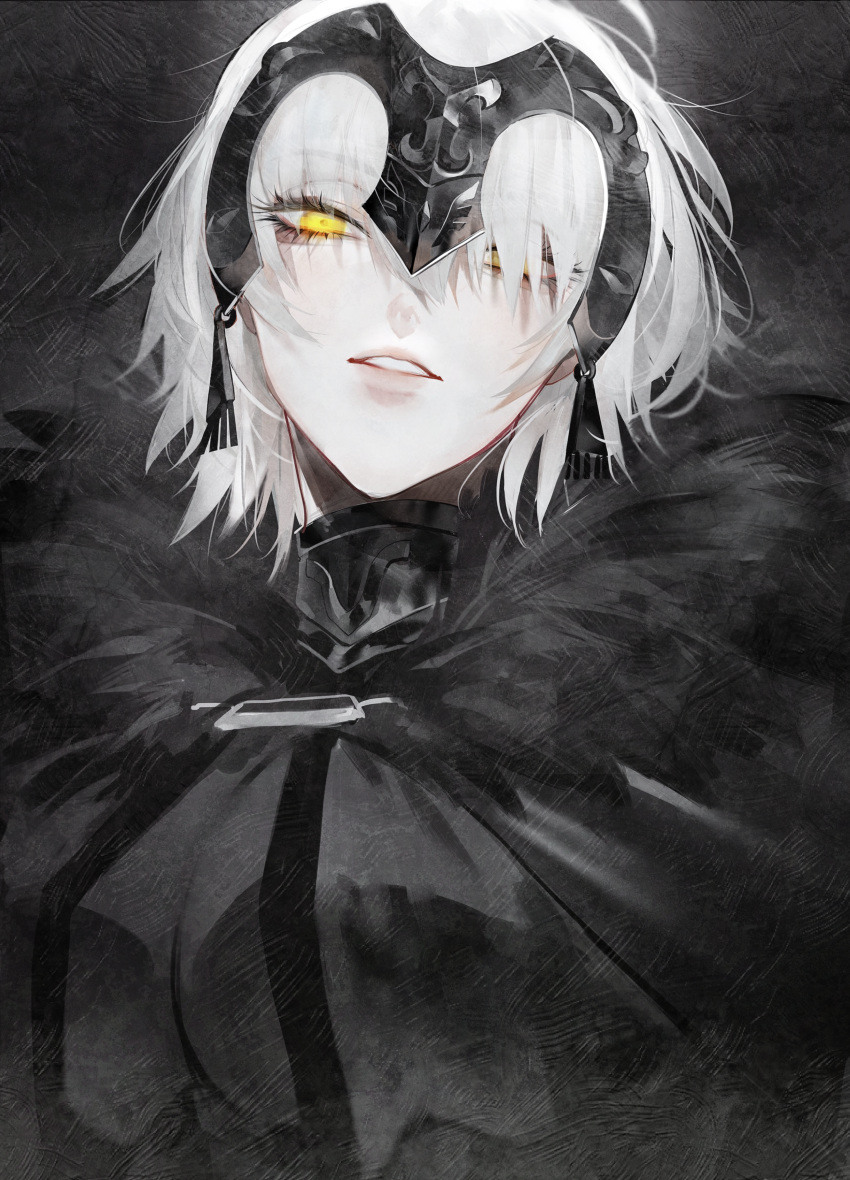 1girl absurdres au_(d_elite) black_dress dress fate/grand_order fate_(series) fur_trim headpiece highres huge_filesize jeanne_d'arc_(alter)_(fate) jeanne_d'arc_(fate)_(all) looking_at_viewer parted_lips portrait revision solo white_hair yellow_eyes