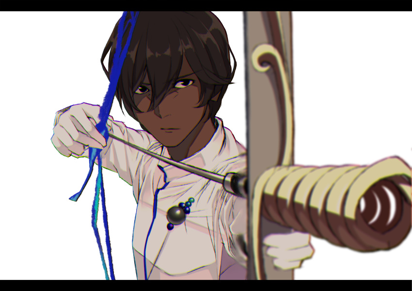 1boy arjuna_(fate/grand_order) blurry bow_(weapon) brown_eyes brown_hair commentary_request dark_skin depth_of_field fate/grand_order fate_(series) gloves hair_between_eyes highres holding_bow long_sleeves solo takamiya_nao upper_body weapon white_background white_gloves