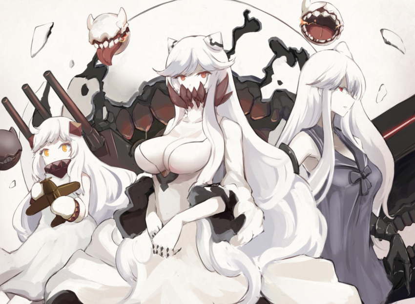 3girls aircraft aircraft_carrier_hime airplane breasts dress hair_between_eyes kantai_collection large_breasts long_dress long_hair looking_at_viewer midway_hime multiple_girls neckerchief northern_ocean_hime red_eyes sailor_collar sailor_dress sela_chimorpha shinkaisei-kan small_breasts turret weapon white_hair white_skin yellow_eyes