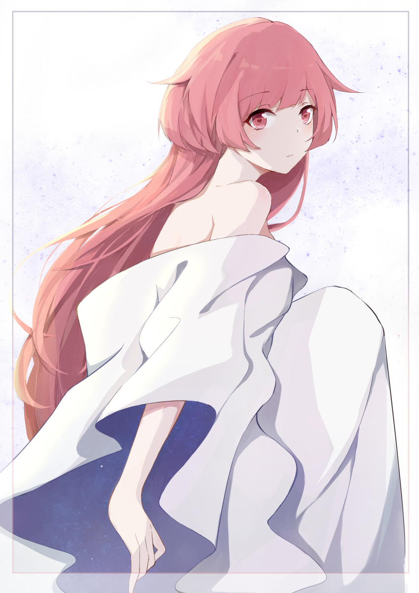 1girl absurdres bangs bare_shoulders breasts closed_mouth dress dress_shirt expressionless eyebrows_visible_through_hair girls_frontline gumengyao highres long_hair long_sleeves looking_at_viewer ntw-20_(girls_frontline) pink_eyes pink_hair shirt simple_background solo very_long_hair white_dress