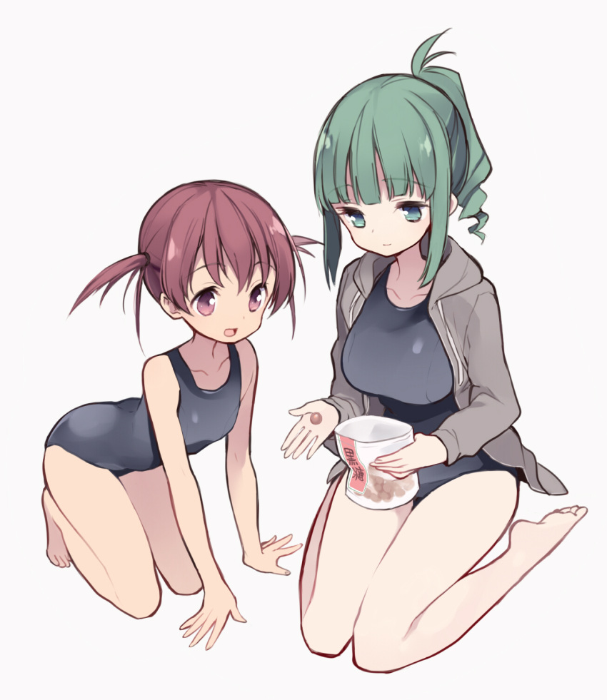 2girls :d bangs bare_arms bare_legs bare_shoulders barefoot black_swimsuit brown_eyes brown_hair character_request closed_mouth collarbone eyebrows_visible_through_hair fingernails green_eyes green_hair grey_background grey_jacket hair_between_eyes highres holding hood hood_down hooded_jacket itsumi_(itumiyuo) jacket kneeling long_sleeves multiple_girls one-piece_swimsuit open_clothes open_jacket open_mouth saki school_swimsuit short_twintails sidelocks simple_background sitting smile soles swimsuit twintails usuzumi_hatsumi wariza