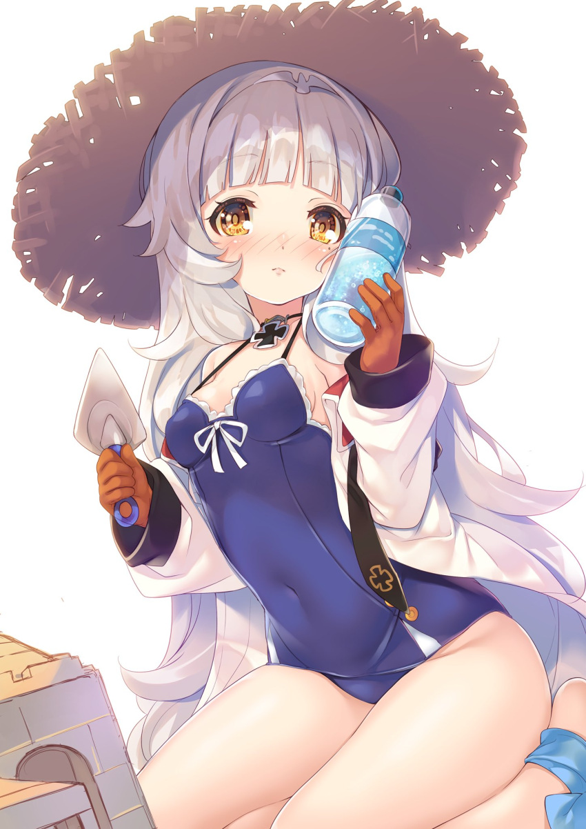 1girl azur_lane blush bottle bottle_to_cheek breasts commentary_request gloves hat highres iron_cross long_hair looking_at_viewer mayuzaki_yuu mole mole_under_eye sand_castle sand_sculpture shovel simple_background sitting small_breasts solo straw_hat swimsuit water_bottle white_background white_hair yellow_eyes z46_(azur_lane)