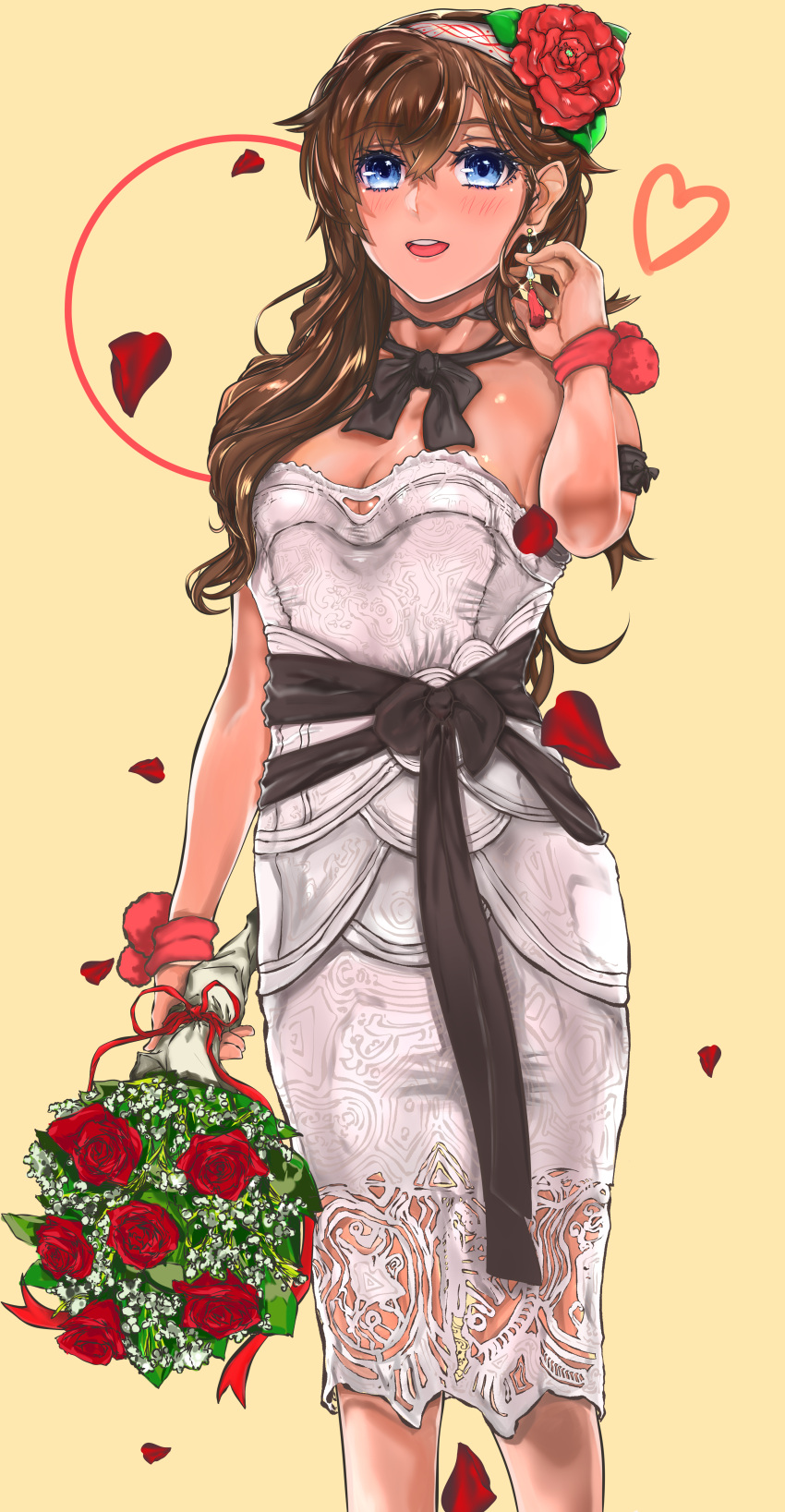 1girl absurdres alternate_costume blue_eyes blush bouquet breasts brown_hair choker cleavage dress earrings eyebrows_visible_through_hair fate/grand_order fate_(series) flower hair_flower hair_ornament highres holding holding_bouquet jewelry large_breasts long_hair looking_at_viewer mata_hari_(fate/grand_order) smile solo white_dress