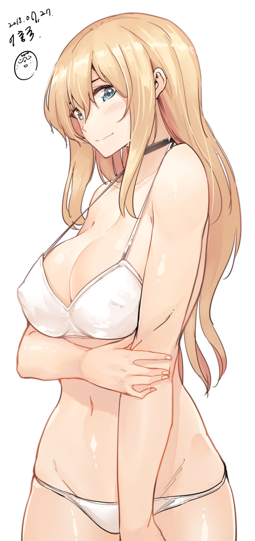1girl absurdres arm_across_waist bangs bikini blonde_hair blue_eyes blush bow breasts choker chung_cthemax cleavage closed_mouth collarbone dated erect_nipples girls_frontline groin hair_between_eyes hand_on_own_arm highres large_bow long_hair looking_at_viewer mosin-nagant_(girls_frontline) navel shiny shiny_skin sidelocks signature simple_background smile solo stomach swimsuit white_background white_bikini