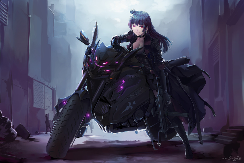 1girl absurdres alternate_costume bangs biker_clothes black_footwear black_gloves black_jacket black_pants blue_hair blush boots breasts choker cleavage clouds cloudy_sky collarbone dog dual_wielding earrings eyebrows_visible_through_hair gloves ground_vehicle gun h&amp;k_ump h&amp;k_ump45 hair_bun handgun heckler_&amp;_koch highres hiroki_ree holding holding_gun holding_weapon huge_filesize jacket jewelry knee_boots large_breasts leg_support long_hair looking_at_viewer love_live! love_live!_school_idol_project love_live!_sunshine!! motor_vehicle motorcycle open_clothes open_jacket outdoors pants parted_lips pistol side_bun sidelocks signature sitting_on_motorcycle sky sleeves_folded_up smile solo submachine_gun tsushima_yoshiko violet_eyes weapon