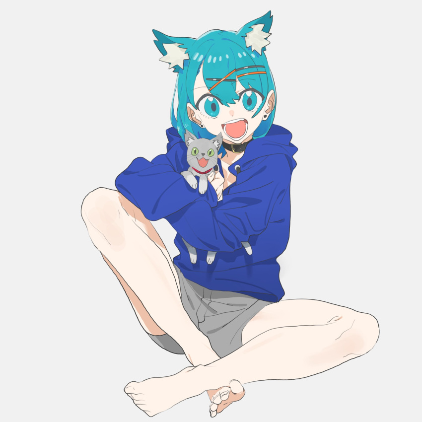 1girl :d animal animal_ears aqua_eyes aqua_hair bangs barefoot black_collar blue_hoodie cat cat_ears earrings eir_(machi) extra_ears grey_background grey_cat grey_shorts hair_ornament hairpin highres holding holding_animal holding_cat hood hood_down indian_style jewelry long_sleeves looking_at_viewer machi_(wm) open_mouth original short_hair shorts simple_background sitting smile solo x_hair_ornament