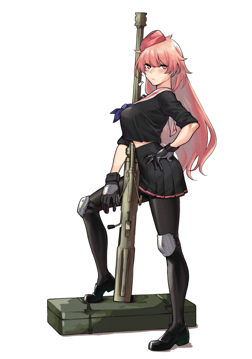 1girl anti-materiel_rifle bangs blue_bow blush bow breasts case closed_mouth girls_frontline gloves gun hand_on_hip hat highres long_hair looking_at_viewer mimyo ntw-20 ntw-20_(girls_frontline) pantyhose pink_eyes pink_hair rifle school_uniform serafuku simple_background skirt sniper_rifle solo very_long_hair weapon white_background