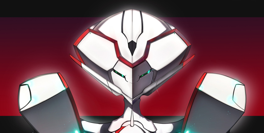 1girl :d absurdres armor commentary_request darling_in_the_franxx glint green_eyes highres looking_at_viewer mecha murasaki_saki no_humans open_mouth red_background robot smile strelizia upper_body white_background