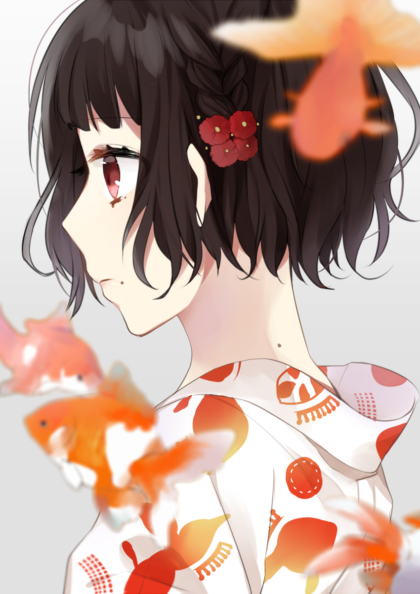 1girl absurdres animal bangs blurry blurry_foreground braid brown_hair closed_mouth commentary_request depth_of_field eyebrows_visible_through_hair fish flower goldfish grey_background hachimitsu_honey hair_flower hair_ornament highres japanese_clothes kimono looking_away mole mole_under_mouth original print_kimono profile red_eyes red_flower short_hair simple_background solo white_kimono