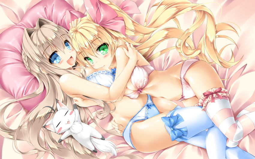 2girls :d animal antenna_hair bangs bare_arms bare_shoulders bed blonde_hair blue_bow blue_bra blue_eyes blue_legwear blue_panties blush bow bow_bra bow_panties bra braid breasts cat closed_eyes commentary_request eyebrows_visible_through_hair green_eyes hair_between_eyes hair_bow hair_intakes highres hug kamiya_tomoe large_breasts light_brown_hair long_hair lying multiple_girls navel on_back on_side open_mouth original panties pillow pink_bow pink_bra pink_panties red_bow ribbon-trimmed_bra ribbon-trimmed_panties ribbon_trim smile striped striped_legwear thigh-highs twintails underwear underwear_only very_long_hair