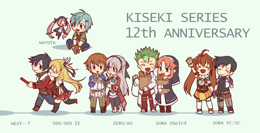 5boys 5girls ahoge alisa_reinford anniversary ao_no_kiseki aoi824725 aqua_background aqua_hair ascot bag bangs belt black_hair blonde_hair blue_eyes blush boots bow bread brown_eyes brown_hair chibi clenched_hand closed_eyes copyright_name eating eiyuu_densetsu elie_macdowell english estelle_bright fairy fang finger_to_cheek fingerless_gloves floating food full_body gloves green_hair habit hair_bow hairband hand_holding hand_on_own_chin highres indian_style jacket joshua_astray kevin_graham lloyd_bannings long_hair looking_at_another miniskirt mouth_hold multiple_boys multiple_girls nayuta_herschel nayuta_no_kiseki noi_(eiyuu_densetsu) notebook nun open_mouth orange_hair pants paper_bag parted_bangs pink_hair raised_fist rean_schwartzer ries_argent satchel sen_no_kiseki shirt short_hair short_sleeves silver_hair simple_background sitting skirt smile sora_no_kiseki spiky_hair standing sweatdrop thigh-highs twintails walking white_legwear writing zero_no_kiseki