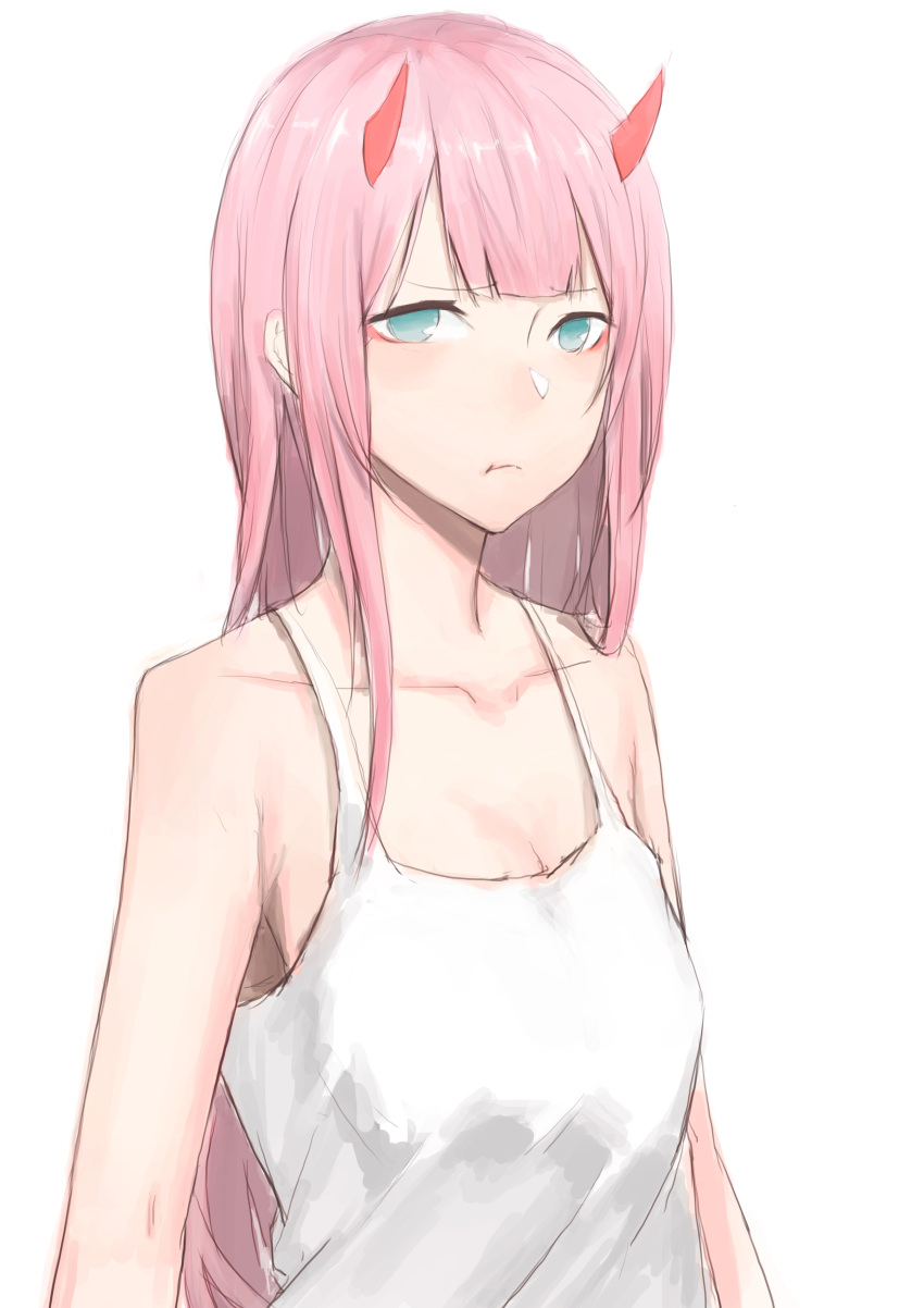 1girl :t absurdres blue_eyes breasts cleavage collarbone darling_in_the_franxx highres horns liudaohai6001 long_hair looking_at_viewer medium_breasts pink_hair shirt simple_background sketch sleeveless sleeveless_shirt solo upper_body very_long_hair white_background white_shirt zero_two_(darling_in_the_franxx)