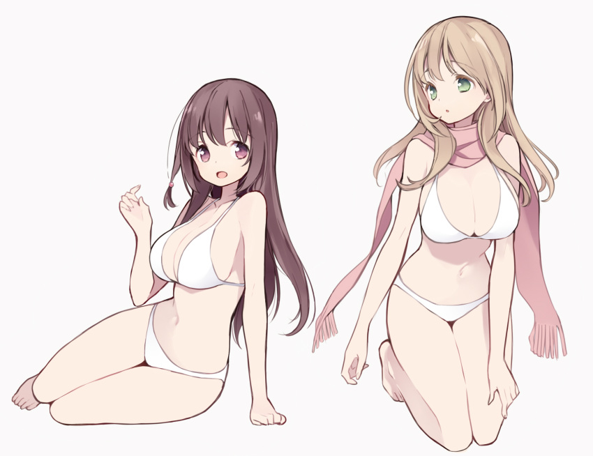 2girls :d :o arm_support bangs bare_arms bare_legs bare_shoulders barefoot bikini breasts brown_eyes brown_hair cleavage eyebrows_visible_through_hair fingernails fringe green_eyes grey_background hair_between_eyes hair_ornament hand_up highres itsumi_(itumiyuo) kneeling large_breasts light_brown_hair long_hair looking_at_viewer matsumi_kuro matsumi_yuu medium_breasts multiple_girls navel open_mouth parted_lips pink_scarf saki saki_achiga-hen scarf siblings simple_background sisters smile swimsuit very_long_hair white_bikini