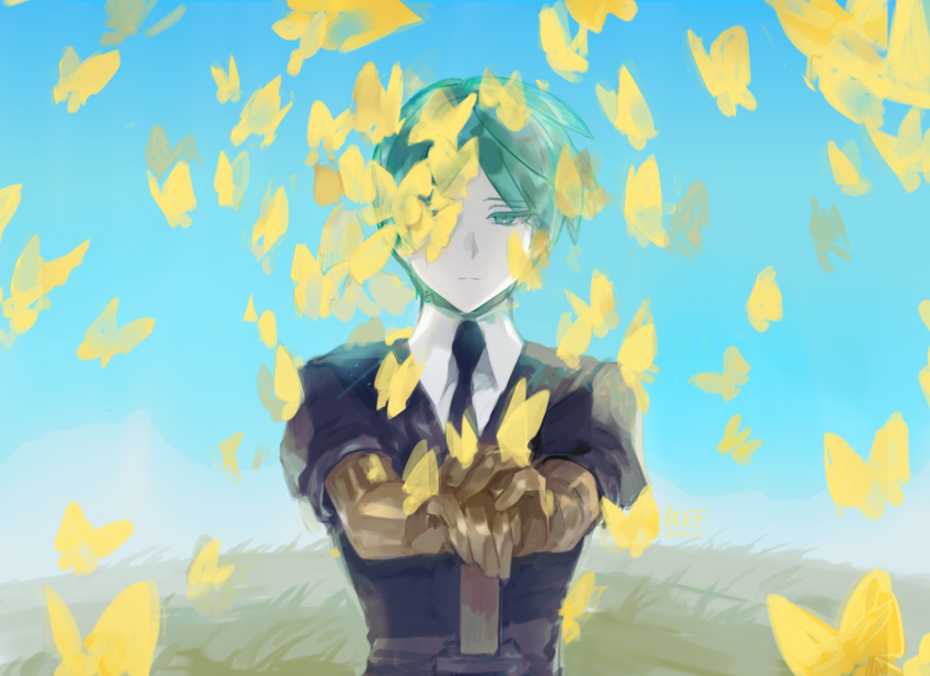 1other androgynous blue_sky bug butterfly butterfly_on_head colored_eyelashes expressionless gem_uniform_(houseki_no_kuni) golden_arms green_eyes green_hair hands_on_hilt highres houseki_no_kuni insect necktie outdoors phosphophyllite short_hair sky solo upper_body