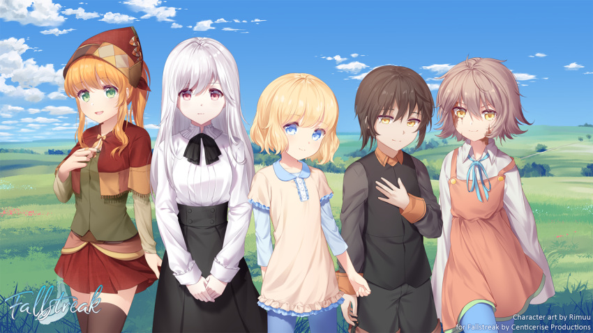 1boy 4girls artist_name bangs blonde_hair blue_eyes blue_sky brown_hair burn_scar clouds cloudy_sky collaboration commentary commission copyright_name day dress english_commentary facial_scar fallstreak game_sprite grass green_eyes hair_between_eyes hat landscape long_hair long_sleeves looking_at_viewer meadow multiple_girls orange_hair outdoors pink_eyes rimuu scar short_hair sky smile standing straight_hair thigh-highs tree watermark wavy_hair white_hair yellow_eyes