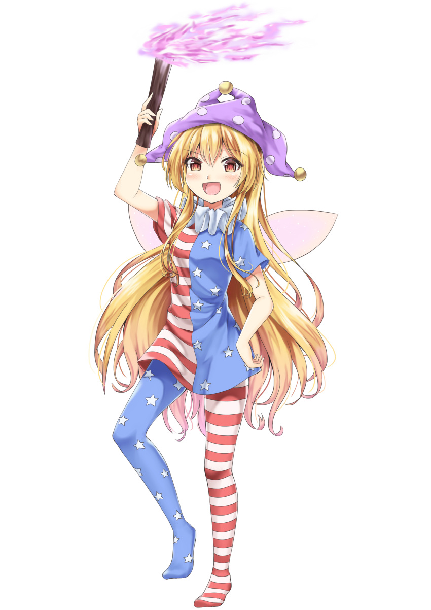 1girl :d absurdres akiteru98 american_flag_dress american_flag_legwear arm_up blonde_hair blush breasts clownpiece commentary_request dress eyebrows_visible_through_hair fairy_wings full_body hair_between_eyes hand_on_hip hat highres holding holding_torch jester_cap long_hair looking_at_viewer neck_ruff no_shoes open_mouth polka_dot_hat purple_hat red_eyes short_dress short_sleeves simple_background small_breasts smile solo standing standing_on_one_leg star star_print striped striped_dress striped_legwear torch touhou very_long_hair white_background wings