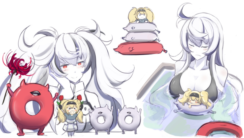 2girls alternate_hairstyle bath bikini black_bikini blonde_hair blue_shirt blush breasts chibi closed_eyes closed_mouth enemy_lifebuoy_(kantai_collection) escort_water_hime flower gambier_bay_(kantai_collection) hair_between_eyes highres kantai_collection long_hair looking_at_viewer medium_breasts multiple_girls red_eyes sela_chimorpha shirt simple_background swimsuit twintails white_background white_hair