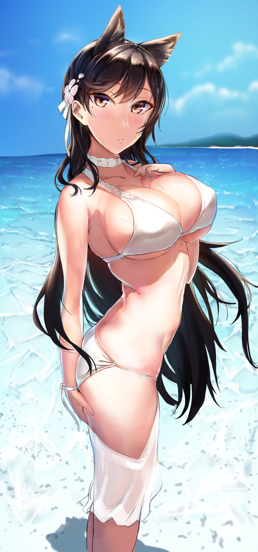 1girl absurdres alternate_costume animal_ears arm_support ass atago_(azur_lane) azur_lane bangs bare_shoulders beach bikini bikini_tug black_hair blue_sky blush bow breasts brown_eyes cleavage closed_mouth clouds coda_(simon1995) collarbone day extra_ears flower groin hair_bow hair_flower hair_ornament hand_on_own_ass highres jewelry large_breasts long_hair looking_at_viewer mole mole_under_eye navel ocean outdoors parted_lips ponytail ribbon ring sand sarong see-through sidelocks skindentation sky smile solo stomach swimsuit thighs very_long_hair wedding_ring white_bikini white_bow white_sarong wrist_ribbon