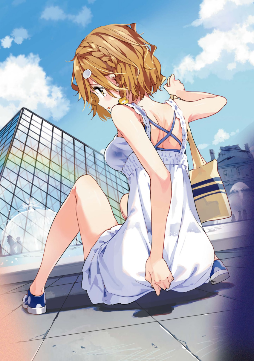 1girl bag bare_legs blue_bra blue_sky bra braid breasts brown_eyes brown_hair covering covering_ass day dress dutch_angle french_braid from_behind garter_belt hair_ornament hairclip highres koiwai_yoshino looking_back masamune-kun_no_revenge medium_breasts no_panties outdoors profile see-through shoes shoulder_bag side_braid sitting sky sneakers solo tearing_up tiv underwear white_dress
