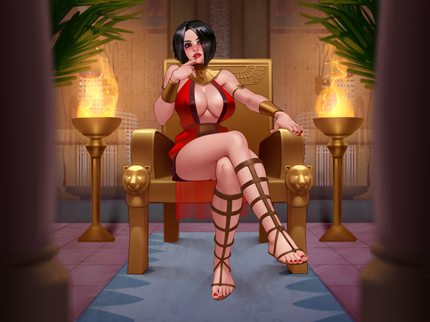 1girl absurdres armlet black_hair bracer breasts brown_eyes center_opening cleavage commentary dress egyptian egyptian_clothes english_commentary eye_of_horus facial_tattoo finger_to_mouth fire forehead freelustism full_body gorget hair_over_one_eye highres huge_filesize kairuhentai large_breasts legs_crossed lipstick looking_at_viewer makeup mascara nail_polish no_bra nose red_dress sandals short_hair sitting solo tanis_(freelustism) tattoo throne toenail_polish toes