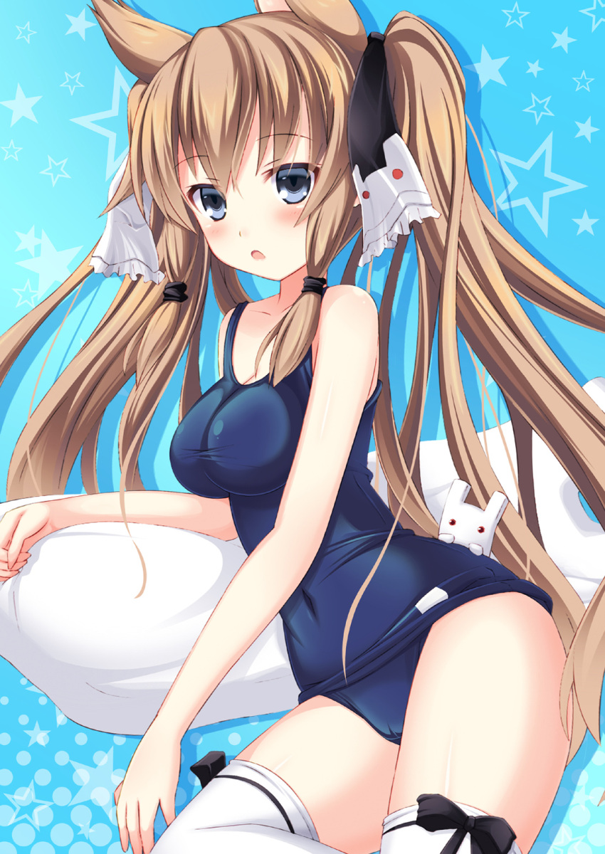1girl :o animal_ears bangs bare_arms bare_shoulders black_bow blue_background blue_eyes blue_swimsuit bow collarbone commentary_request eyebrows_visible_through_hair hair_between_eyes hair_ribbon highres light_brown_hair long_hair old_school_swimsuit one-piece_swimsuit original parted_lips ribbon school_swimsuit solo star starry_background swimsuit thigh-highs twintails usaginezumi very_long_hair white_legwear white_ribbon