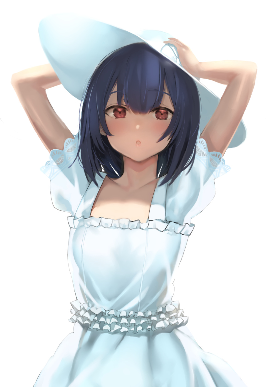 1girl :o arms_up bangs black_hair blush collarbone commentary_request dress eyebrows_visible_through_hair frilled_dress frills hair_between_eyes hands_on_headwear hat highres idolmaster idolmaster_shiny_colors lace-trimmed_sleeves looking_at_viewer medium_hair morino_rinze nekoshoko puffy_short_sleeves puffy_sleeves red_eyes shade short_sleeves simple_background solo standing sun_hat white_background white_dress white_hat