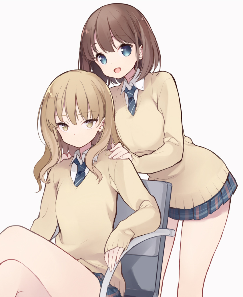 2girls :d bangs blue_eyes blue_neckwear blue_skirt blush brown_eyes brown_hair brown_sweater character_request closed_mouth collared_shirt diagonal-striped_neckwear diagonal_stripes dress_shirt eyebrows_visible_through_hair fingernails grey_background hair_between_eyes hands_on_another's_shoulders highres itsumi_(itumiyuo) legs_crossed light_brown_hair long_hair multiple_girls necktie open_mouth plaid plaid_skirt pleated_skirt saki school_uniform shirt simple_background sitting skirt sleeves_past_wrists smile standing striped striped_neckwear sweater white_shirt