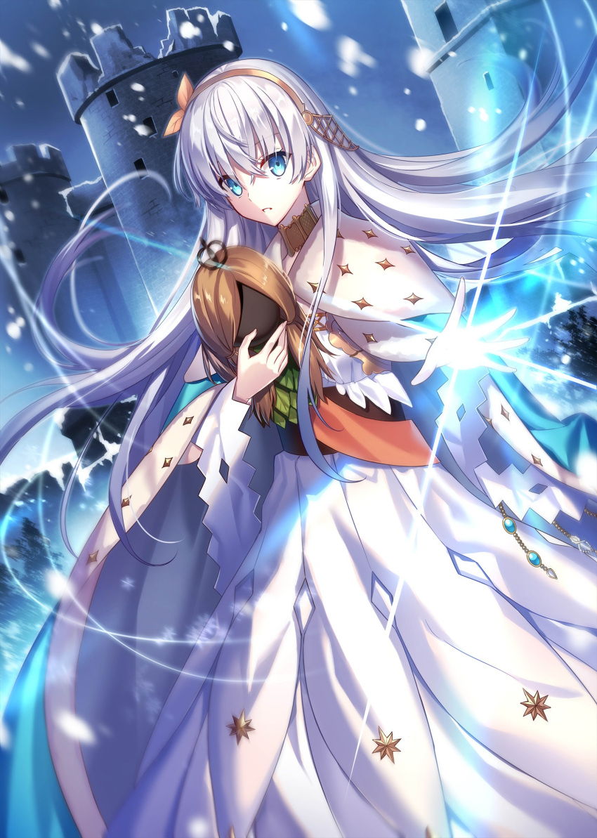 1girl anastasia_(fate/grand_order) bangs blue_eyes cape castle crossed_bangs doll dress fate/grand_order fate_(series) fuyuki_(neigedhiver) hairband highres long_hair looking_at_viewer snow solo white_cape white_dress white_hair