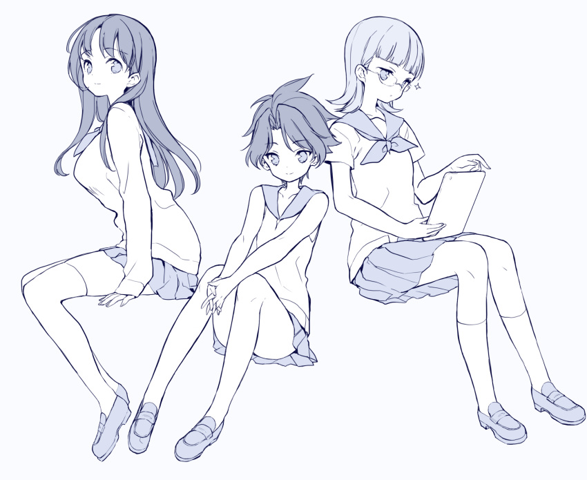 3girls bangs bare_arms bare_shoulders blunt_bangs character_request closed_mouth eyebrows_visible_through_hair fingernails highres holding holding_tablet interlocked_fingers itsumi_(itumiyuo) kneehighs loafers long_hair long_sleeves messy_hair monochrome multiple_girls neckerchief no_socks own_hands_together sailor_collar saki school_uniform serafuku shirt shoes short_hair short_sleeves sleeveless sleeveless_shirt sleeves_past_wrists smile tablet tablet_pc thigh-highs very_long_hair