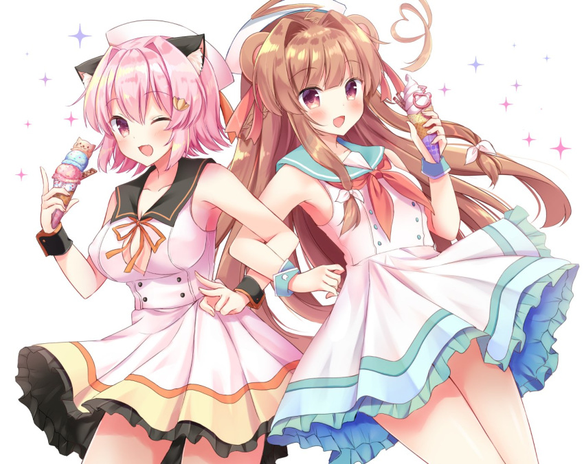 2girls adapted_costume ahoge animal_ears bear_ears black_sailor_collar blue_sailor_collar breasts brown_eyes brown_hair cat_ears commentary_request cowboy_shot dixie_cup_hat dress flat_chest food frilled_dress frills hat huge_ahoge ice_cream ice_cream_cone kantai_collection kuma_(kantai_collection) large_breasts long_hair looking_at_viewer masayo_(gin_no_ame) military_hat multiple_girls neckerchief one_eye_closed open_mouth pink_hair red_eyes red_neckwear remodel_(kantai_collection) sailor_collar sailor_dress short_hair sleeveless sleeveless_dress smile sparkle_background standing tama_(kantai_collection) white_background white_dress