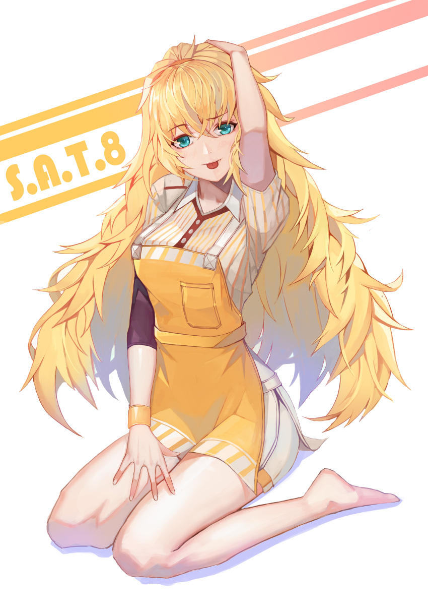 1girl :p absurdres alternate_costume apron bangs barefoot blonde_hair blush breasts character_name closed_mouth collared_shirt eyebrows_visible_through_hair girls_frontline green_eyes hair_between_eyes hairband hand_on_own_head highres ilja long_hair looking_at_viewer messy_hair orange_hairband s.a.t.8_(girls_frontline) shirt short_sleeves sidelocks simple_background sitting smile solo striped striped_shirt thighs tongue tongue_out very_long_hair wariza white_background wristband