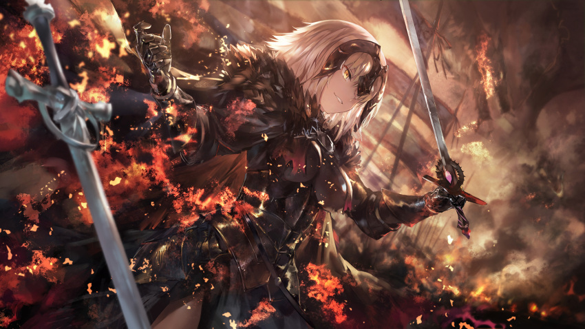 1girl armor armored_dress army azomo bangs banner black_armor black_capelet black_cloak black_dress black_gloves blurry breasts capelet cowboy_shot depth_of_field dragon dress dutch_angle eyebrows_visible_through_hair fate/grand_order fate_(series) faulds fire from_below fur-trimmed_cloak fur_collar gauntlets gloves grey_hair hair_between_eyes headpiece highres holding holding_sword holding_weapon jeanne_d'arc_(alter)_(fate) jeanne_d'arc_(fate)_(all) large_breasts looking_away outdoors plackart planted_sword planted_weapon short_hair smile smirk smoke standing sword tsurime weapon white_hair wind yellow_eyes