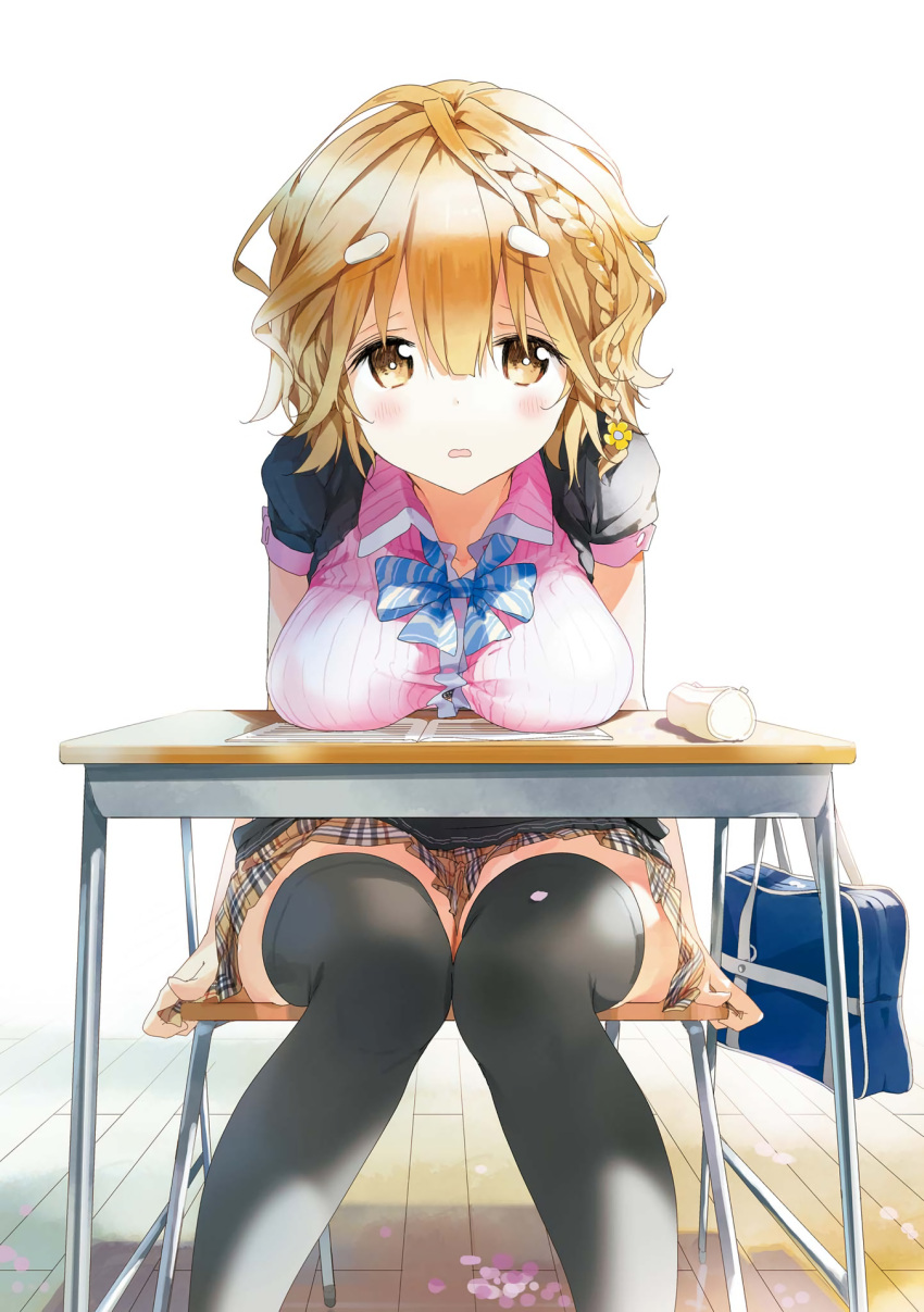 1girl bag black_legwear bow bowtie braid breast_rest breasts bright_pupils brown_eyes brown_hair desk french_braid hair_ornament hairclip highres knees_together_feet_apart koiwai_yoshino large_breasts leaning_forward looking_at_viewer masamune-kun_no_revenge parted_lips pencil_case petals plaid plaid_skirt pleated_skirt school_bag school_desk school_uniform short_hair side_braid sitting skirt solo thigh-highs tiv vest wavy_mouth white_pupils