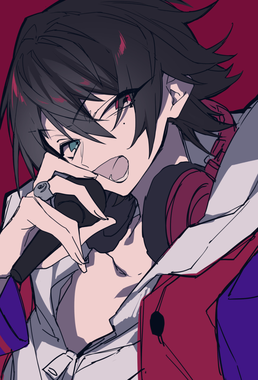 1boy :d black_hair blue_eyes grey_shirt headphones headphones_around_neck heterochromia highres holding holding_microphone hypnosis_mic jacket long_sleeves looking_at_viewer male_focus microphone mochizuki_kei mole mole_under_eye open_mouth pink_eyes red_background red_jacket shirt simple_background smile solo upper_body yamada_ichirou_(hypnosis_mic) zipper