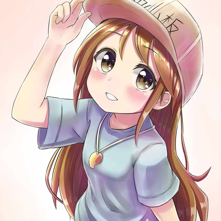 1girl :d arm_up bangs blue_shirt blush breasts brown_background brown_eyes brown_hair character_name clothes_writing eyebrows_visible_through_hair fingernails flat_cap gradient gradient_background grey_hat hair_between_eyes hand_on_headwear hat hataraku_saibou highres jd_(bibirijd) looking_at_viewer open_mouth platelet_(hataraku_saibou) shirt short_sleeves small_breasts smile solo whistle