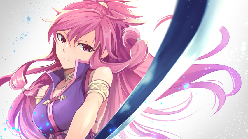 1girl armlet bare_shoulders closed_mouth fire_emblem fire_emblem:_seima_no_kouseki highres holding holding_sword holding_weapon long_hair marica_(fire_emblem) nakabayashi_zun ponytail purple_hair simple_background sleeveless solo sword violet_eyes weapon white_background