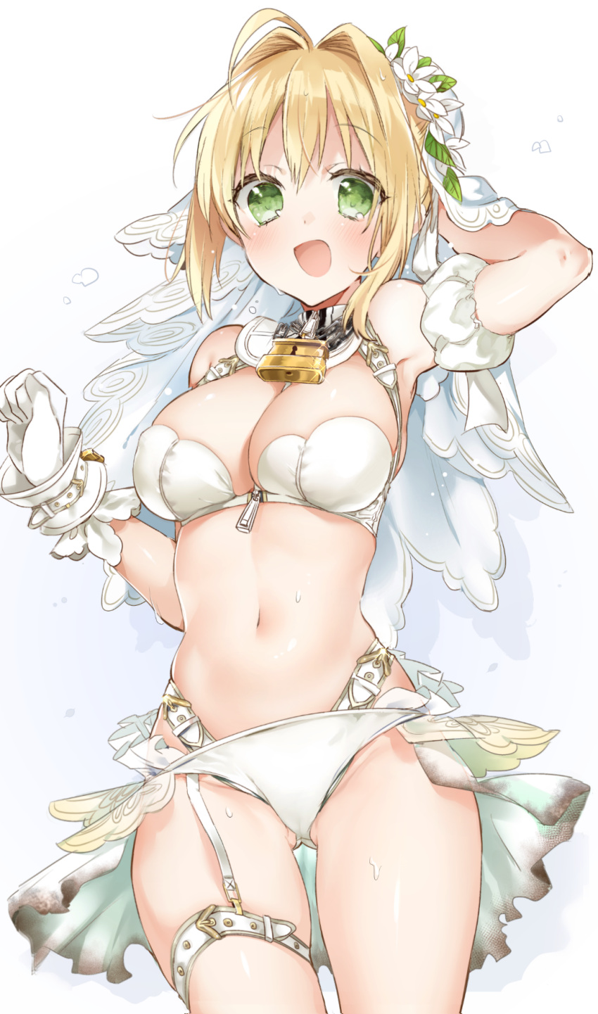 1girl :d adapted_costume arm_up bangs bare_shoulders bikini blonde_hair breasts chains cleavage commentary_request detached_sleeves eyebrows_visible_through_hair fate/extra fate/extra_ccc fate/grand_order fate_(series) flower gloves gluteal_fold green_eyes hair_between_eyes hair_flower hair_intakes hair_ornament highres large_breasts lock looking_at_viewer navel nero_claudius_(bride)_(fate) nero_claudius_(fate)_(all) open_mouth padlock puffy_short_sleeves puffy_sleeves short_sleeves sino_(sionori) smile solo sweat swimsuit thigh_strap veil white_background white_bikini white_flower white_gloves