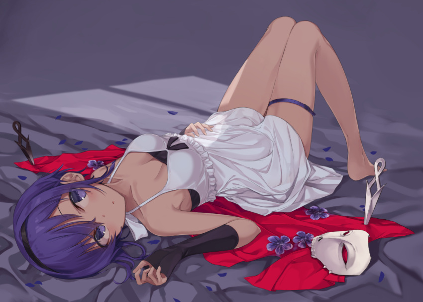 1girl alternate_costume bare_shoulders blush breasts dark_skin dress fate_(series) hair_between_eyes hairband hassan_of_serenity_(fate) looking_away lying mask mask_removed monobe_tsukuri on_back purple_hair short_hair small_breasts solo thigh_strap violet_eyes white_dress