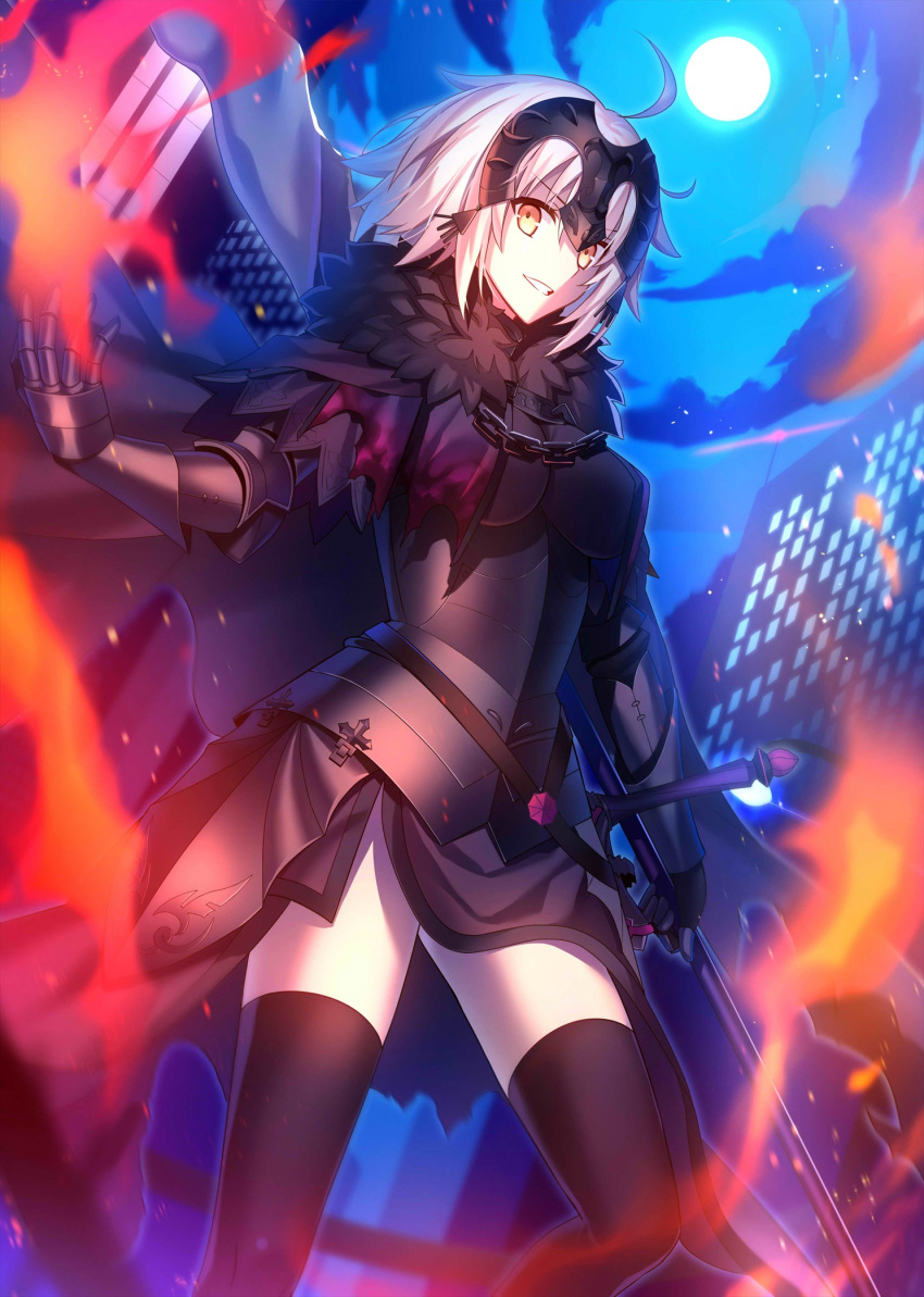1girl armor armored_dress banner black_armor black_legwear breasts chains clouds cloudy_sky dress eyebrows_visible_through_hair fate_(series) fur-trimmed_cloak fuyuki_(neigedhiver) gauntlets grey_hair hair_between_eyes headpiece highres jeanne_d'arc_(alter)_(fate) jeanne_d'arc_(fate)_(all) large_breasts long_dress long_sleeves looking_at_viewer sky smile solo sword thigh-highs weapon yellow_eyes
