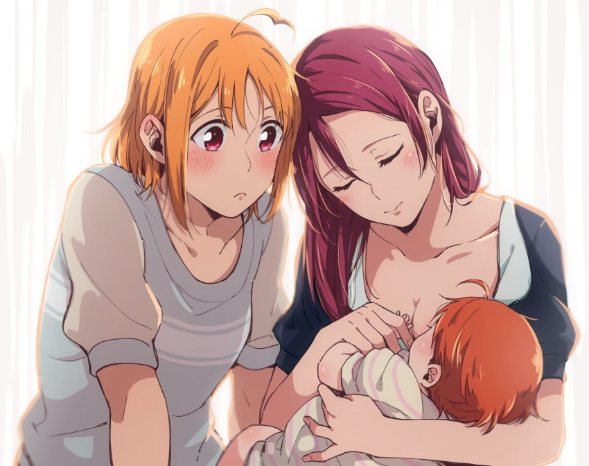 3girls adult ahoge baby bangs blush breast_feeding closed_eyes collarbone eyebrows_visible_through_hair highres holding holding_baby if_they_mated kougi_hiroshi long_hair looking_at_another love_live! love_live!_sunshine!! mother_and_daughter multiple_girls orange_hair red_eyes redhead sakurauchi_riko short_hair short_sleeves smile takami_chika upper_body