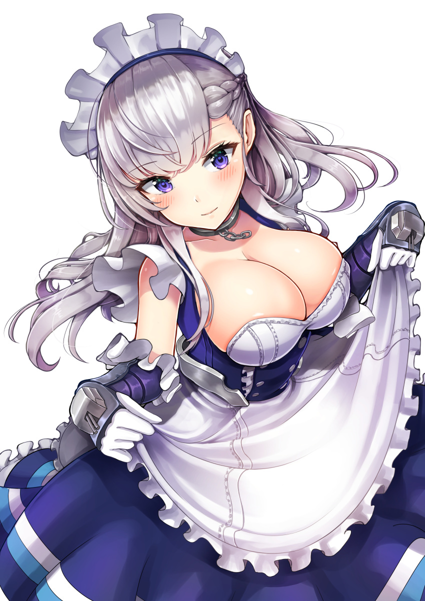 1girl absurdres apron azur_lane bangs belfast_(azur_lane) blue_eyes blush braid breasts cannon chains cleavage collar collarbone commentary corset dress dress_lift eyebrows_visible_through_hair floating_hair french_braid frilled_sleeves frills gauntlets gloves gui_ss head_tilt highres large_breasts lifted_by_self long_hair looking_at_viewer maid maid_headdress rigging sidelocks silver_hair simple_background skindentation smile solo white_background white_gloves