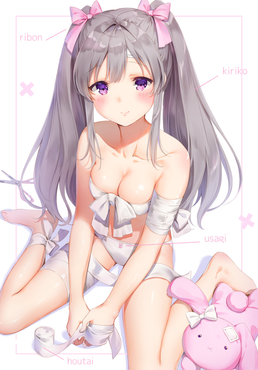 1girl animal_print bandage bandaid bandaid_on_forehead bangs bare_shoulders barefoot blush bow breasts bunny_print character_name cleavage closed_mouth collarbone commentary_request eyebrows_visible_through_hair fingernails front-tie_top full_body grey_hair hair_bow highres idolmaster idolmaster_shiny_colors long_fingernails long_hair looking_at_viewer medium_breasts panties pink_bow shiratama_akane sidelocks silver_hair sitting smile solo stuffed_animal stuffed_bunny stuffed_toy toes twintails underwear v_arms violet_eyes wariza white_panties yuukoku_kiriko