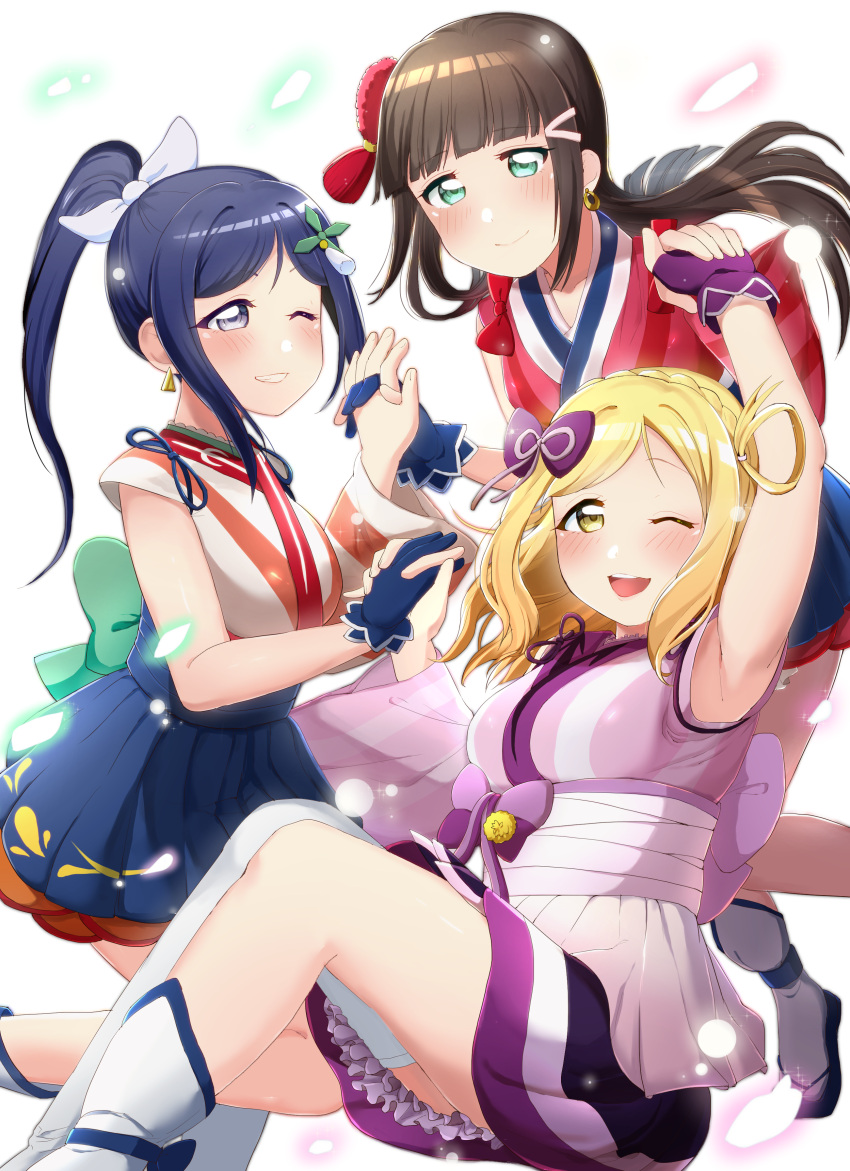 3girls ;) ;d absurdres aqua_bow arm_up armpits asymmetrical_legwear back_bow bangs berisuno_(beriberi0707) black_hair blonde_hair blue_eyes blue_gloves blue_hair blue_ribbon blue_skirt blunt_bangs bow braid commentary_request crown_braid earrings eyebrows_visible_through_hair gloves green_eyes grin hair_bow hair_ornament hair_ribbon hair_rings hairclip hand_holding highres japanese_clothes jewelry kimono kurosawa_dia long_hair looking_at_viewer love_live! love_live!_sunshine!! matsuura_kanan medium_hair mijuku_dreamer multiple_girls ohara_mari one_eye_closed open_mouth ponytail purple_bow purple_gloves ribbon short_kimono sidelocks single_sleeve single_thighhigh skirt smile thigh-highs yellow_eyes