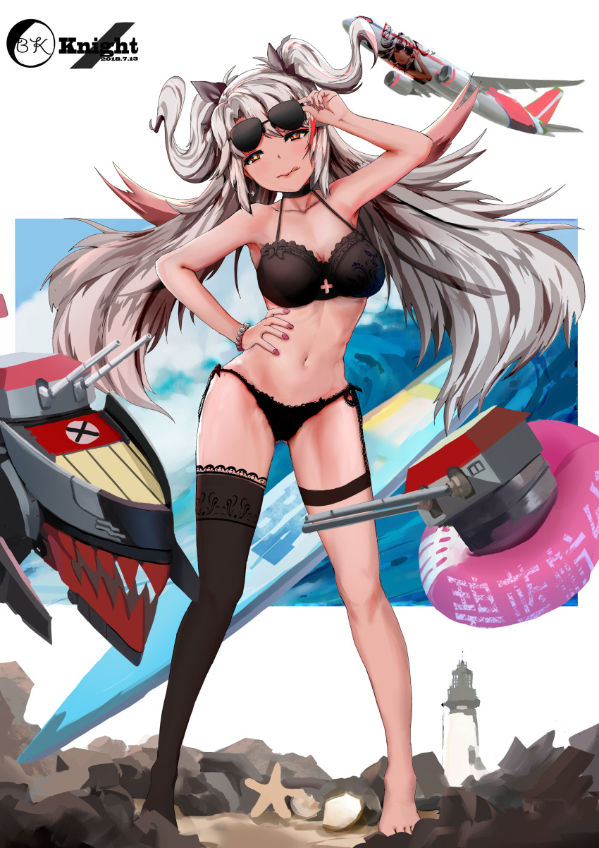 1girl absurdres aircraft airplane alternate_costume antenna_hair artist_name azur_lane bangs beach bikini black_bikini black_knight_(artist) black_legwear black_ribbon blue_sky blush bracelet breasts brown_eyes cannon chinese_commentary clouds collarbone commentary_request cross_cutout dated eyebrows_visible_through_hair floating_hair full_body gluteal_fold hair_between_eyes hair_ribbon half-closed_eyes hand_on_eyewear hand_on_hip highres innertube iron_cross jewelry large_breasts licking_lips lighthouse long_hair looking_at_viewer machinery mole mole_on_breast multicolored_hair nail_polish navel ocean outdoors pink_nails prinz_eugen_(azur_lane) redhead revision ribbon rigging sand side-tie_bikini signature silver_hair single_thighhigh sky smile solo standing starfish stomach streaked_hair sunglasses surfboard swimsuit thigh-highs thigh_strap tongue tongue_out turret two_side_up very_long_hair waves