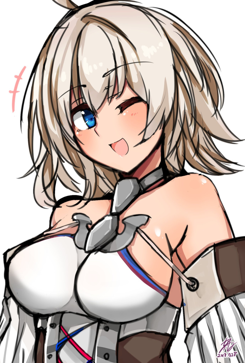 +++ 1girl :d ;d ahoge anchor azur_lane bare_shoulders blonde_hair blue_eyes breasts chiru_(218mg) commentary detached_sleeves eyebrows_visible_through_hair highres looking_at_viewer medium_breasts oklahoma_(azur_lane) one_eye_closed open_mouth signature simple_background smile solo upper_body white_background